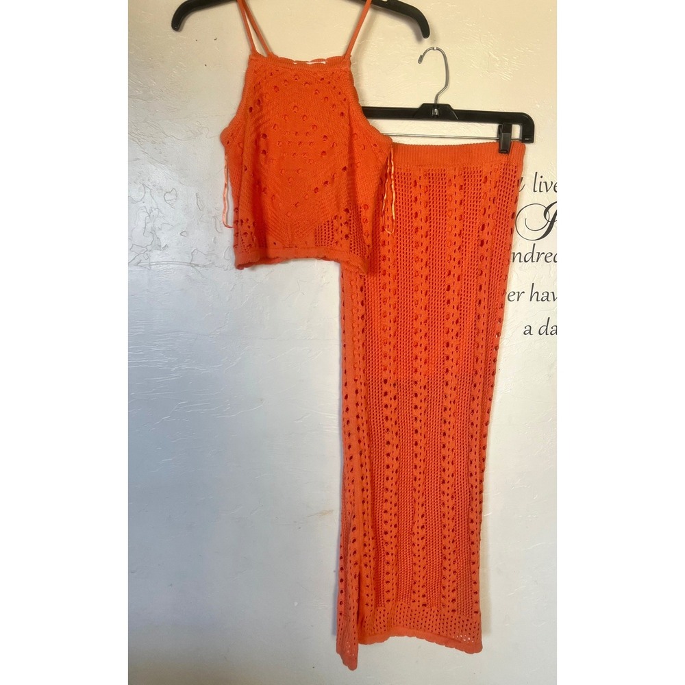 Olive + Oak Orange Crochet Knit 2 Piece Set Crop Top Maxi Skirt Boho Festival S